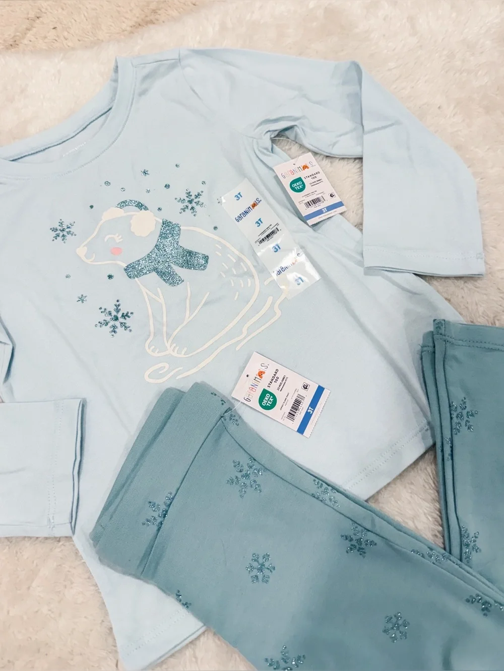 Kids Light Blue Polar Bear Outfit Set with Flare Leggings, Glitter snowflakes
